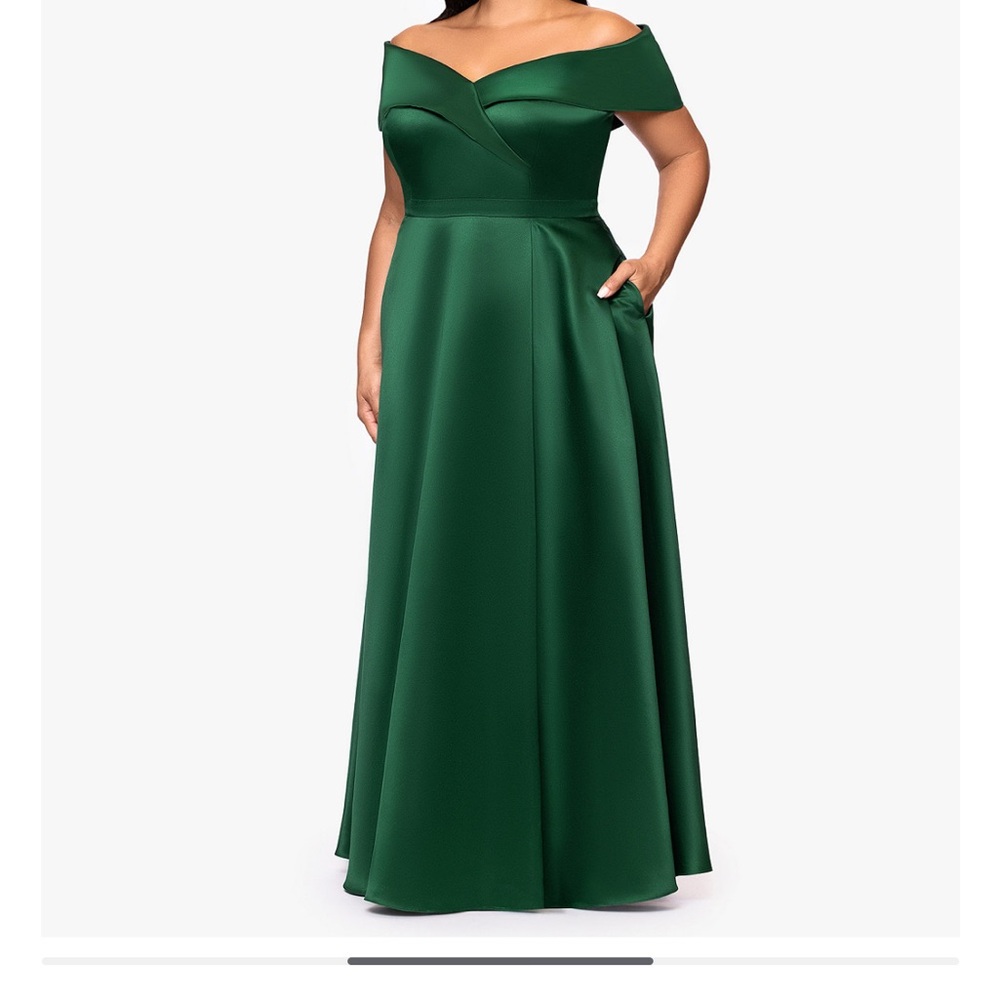 Xscape Women's Satin Off Shoulder Dress in Light Blue - Picture 8 of 9